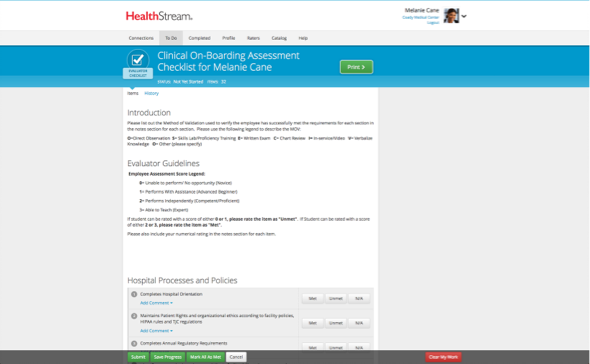 HealthStream Checklist Software - Checklist Desktop View