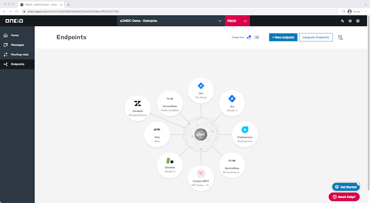 ONEiO screenshot: Endpoints View: View your entire ecosystem at a glance in the Endpoints view. You can connect more tools to your ecosystem through our wide selection of ready-to-go endpoint types.