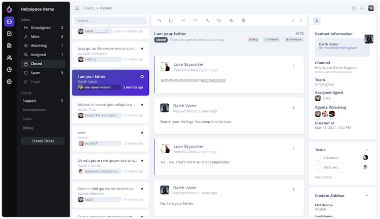 HelpSpace screenshot: HelpSpace Tickets: customer inquiries that are efficiently and traceably processed by the team, either by writing responses using templates or assigning them directly to team members.