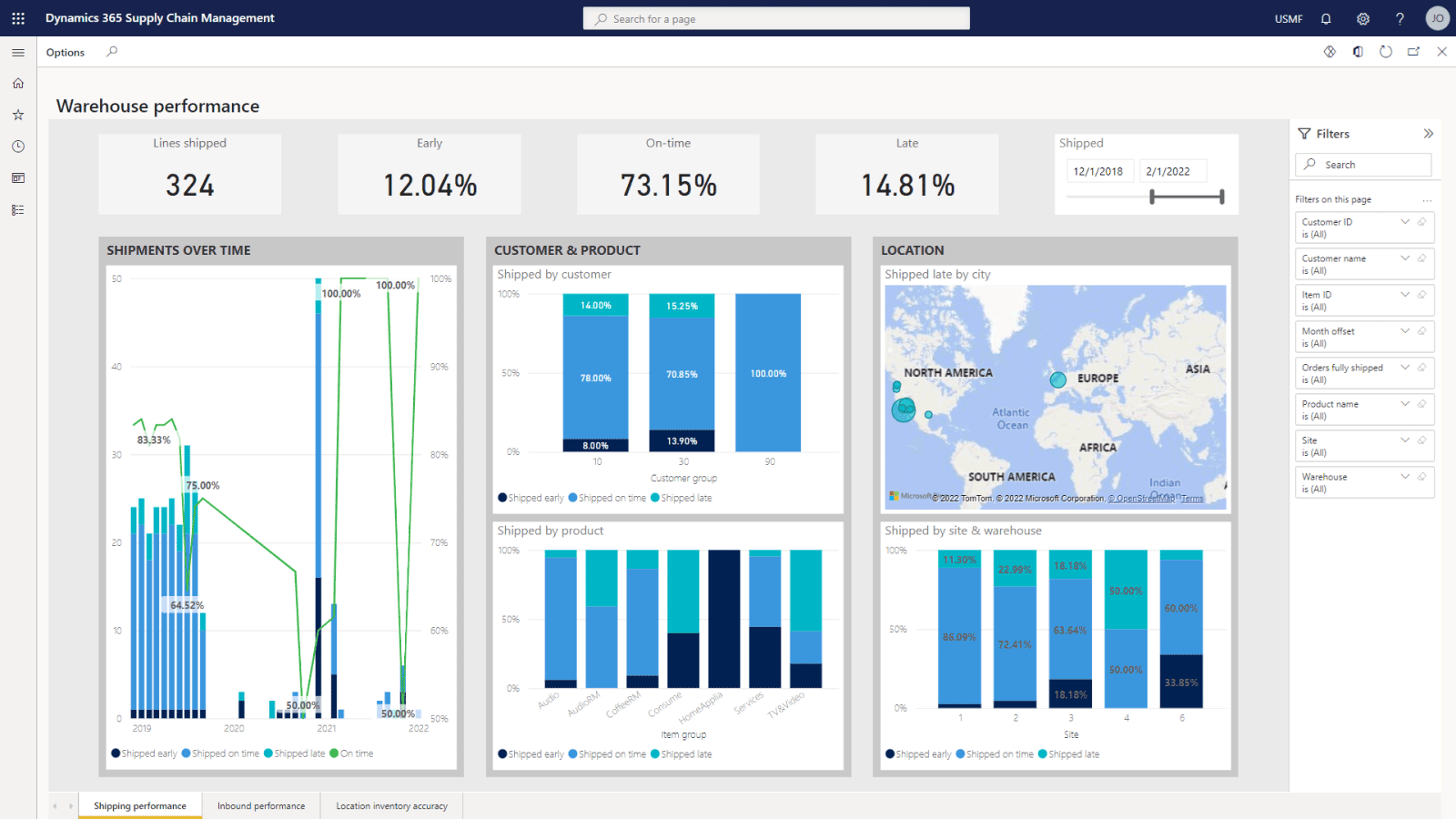 Dynamics 365 Supply Chain Management screenshot: Dynamics 365 Supply Chain Management unified warehouse data
