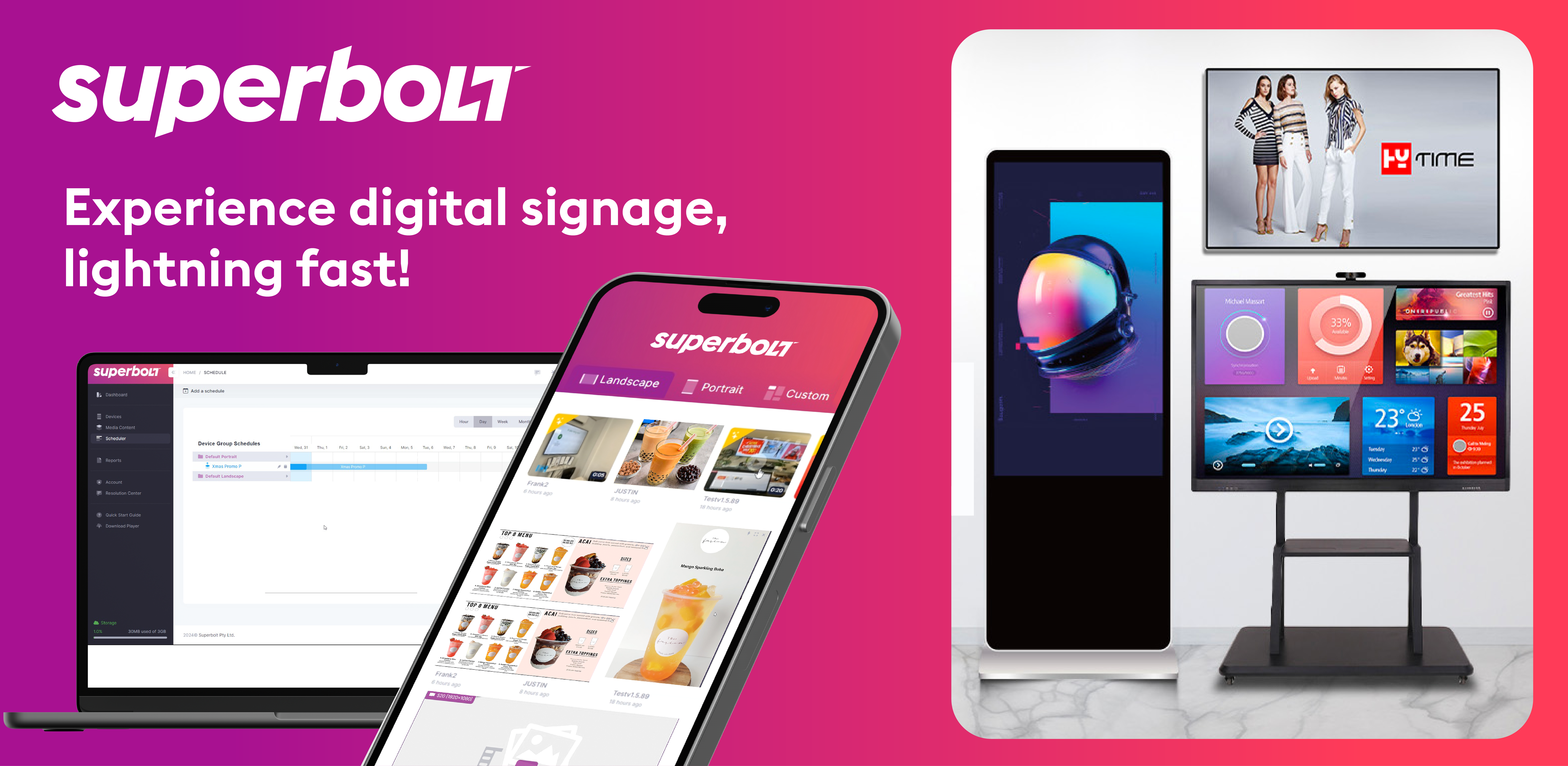 Superbolt screenshot: The future of digital signage starts here. Whether updating one screen or scheduling content for thousands of screens worldwide.

Superbolt delivers features and benefits with people in mind, not just technology.

