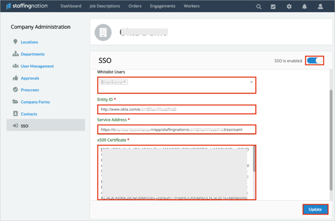StaffingNation screenshot: StaffingNation SSO configuration