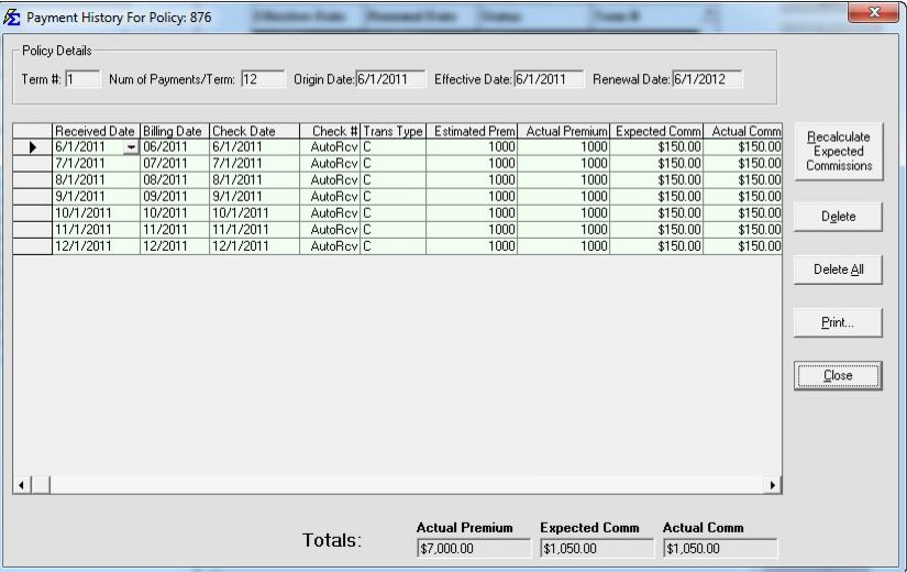 Commission Tracker Software - Payment history of a particular policy with an option to print details