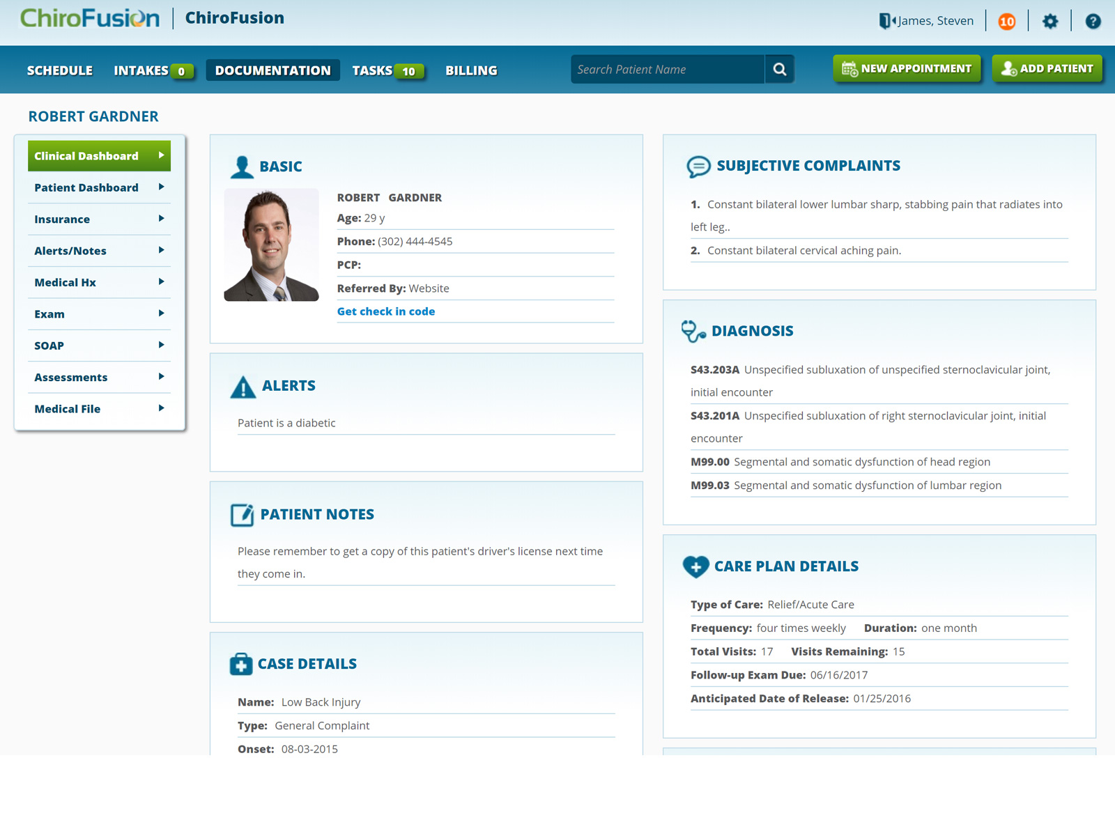 ChiroFusion clinical dashboard