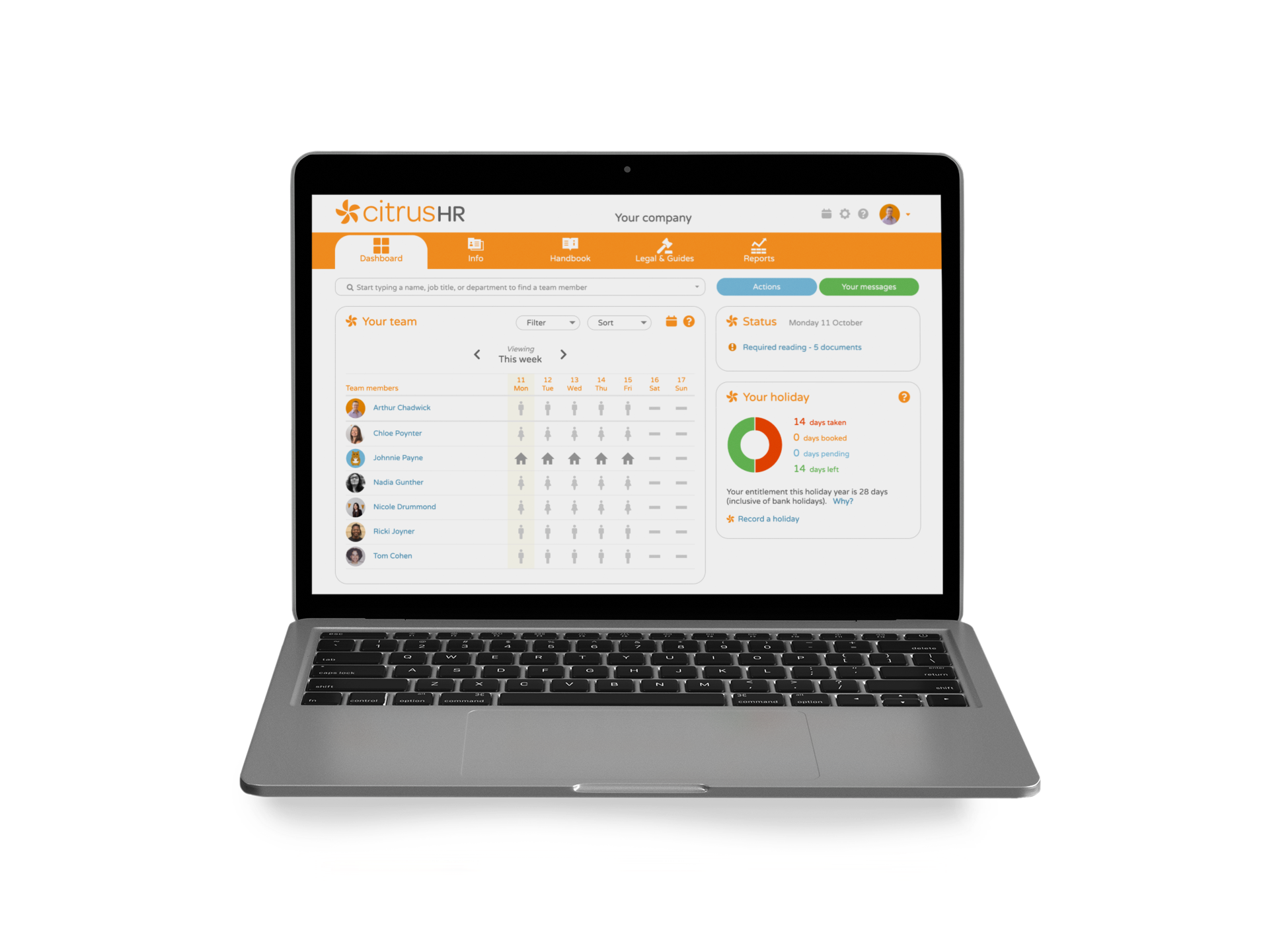 citrusHR Software - The dashboard provides an overview of staff absences by week, information on the user's holidays at a glance, quick access to actions, and more