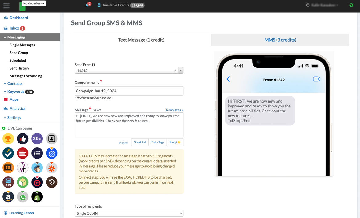 Send quick group SMS campaigns to a few or thousands of contacts.  Easy setup and options for emojis, short URL tracking, data tags (personalization), automatic signature. Add social media channels too! FAST sending.  In a few seconds delivery!