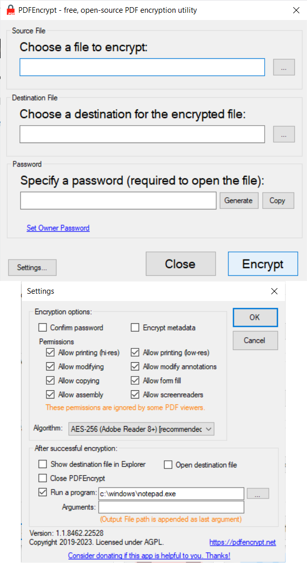 PDFEncrypt screenshot: PDFEncrypt main screen and Settings