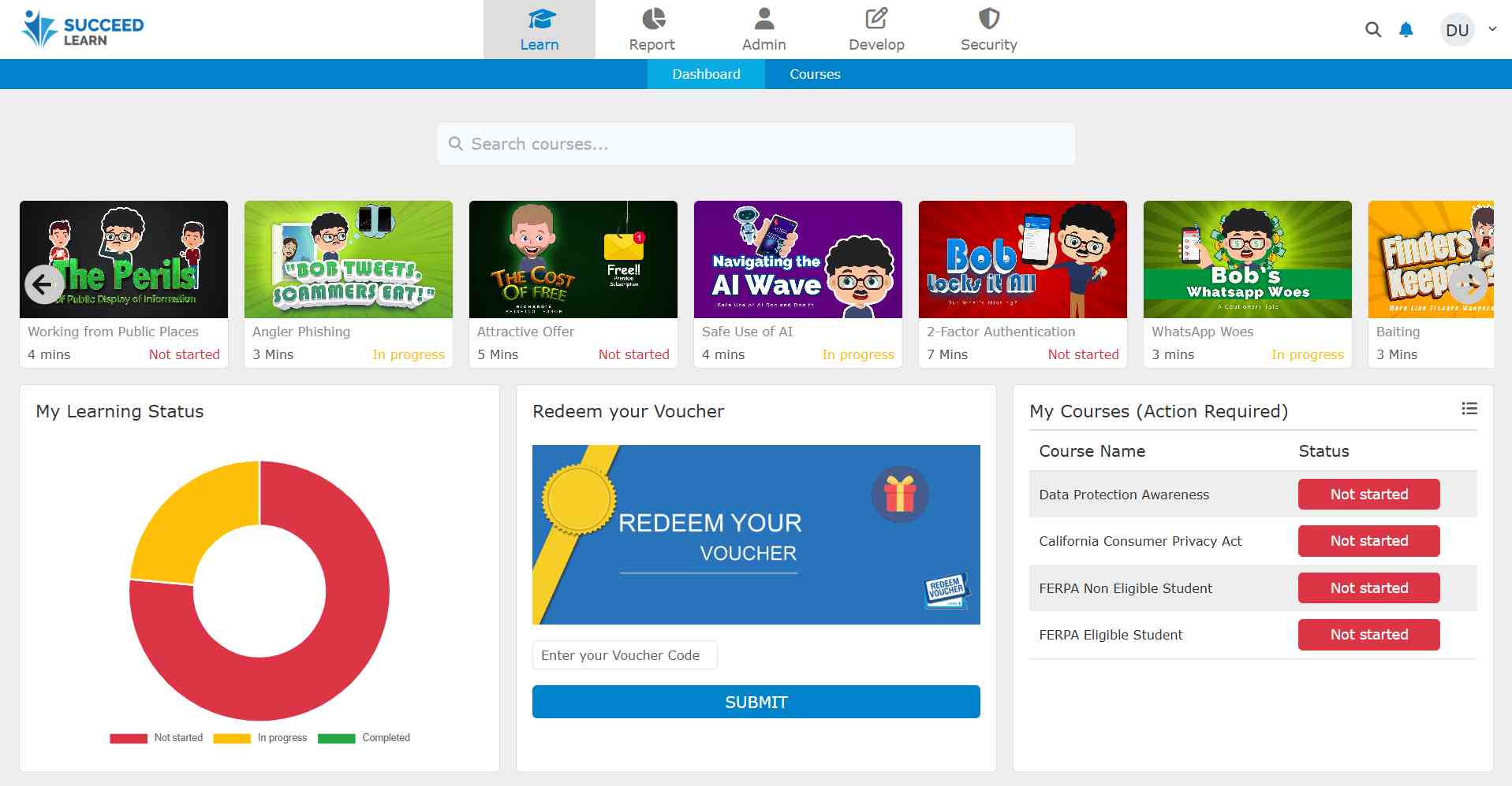Succeed LMS screenshot: Learner's Dashboard with Customizable Widget Layout