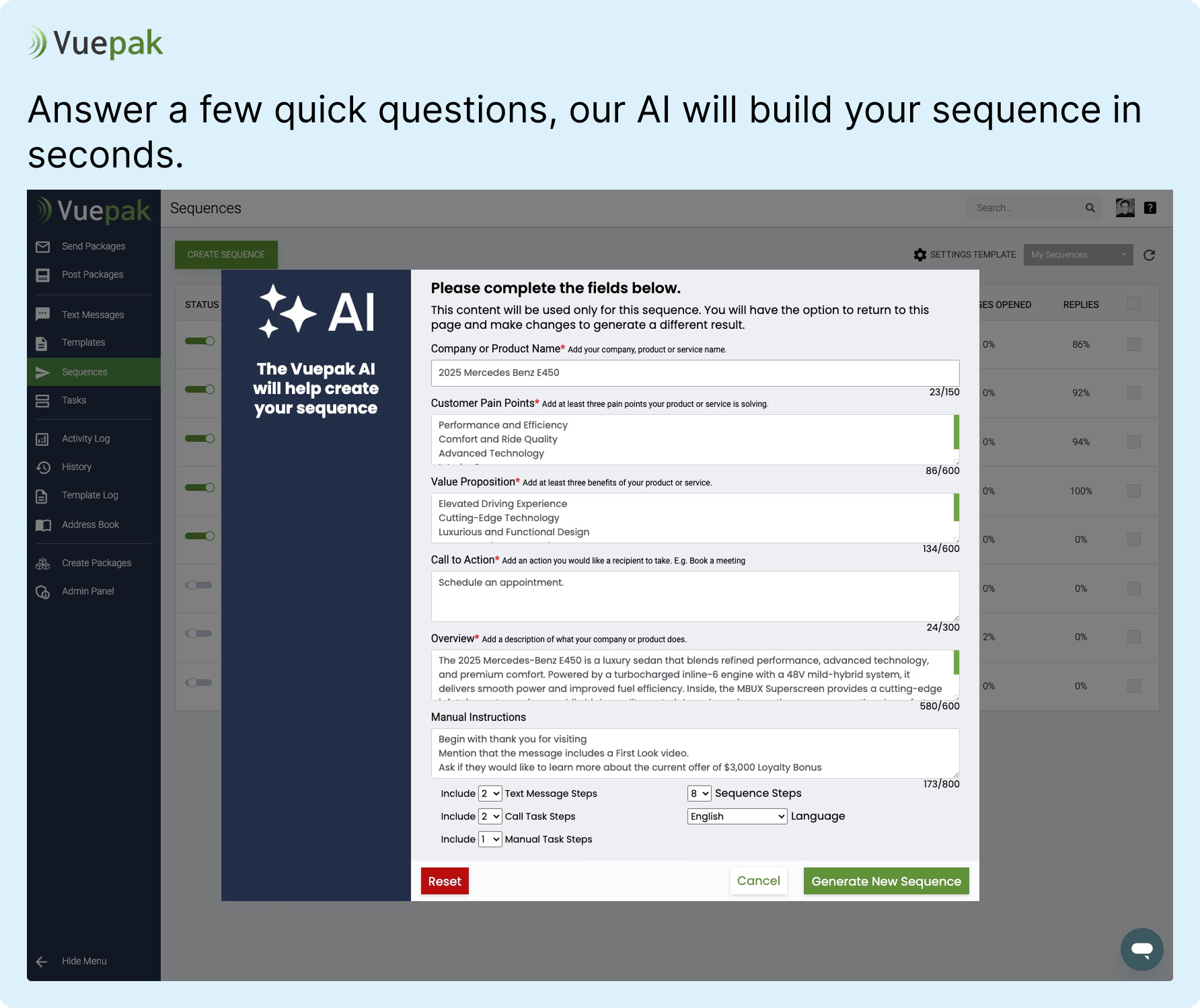 Vuepak screenshot: Answer a few questions. Vuepak's AI will build your sequence for you.
