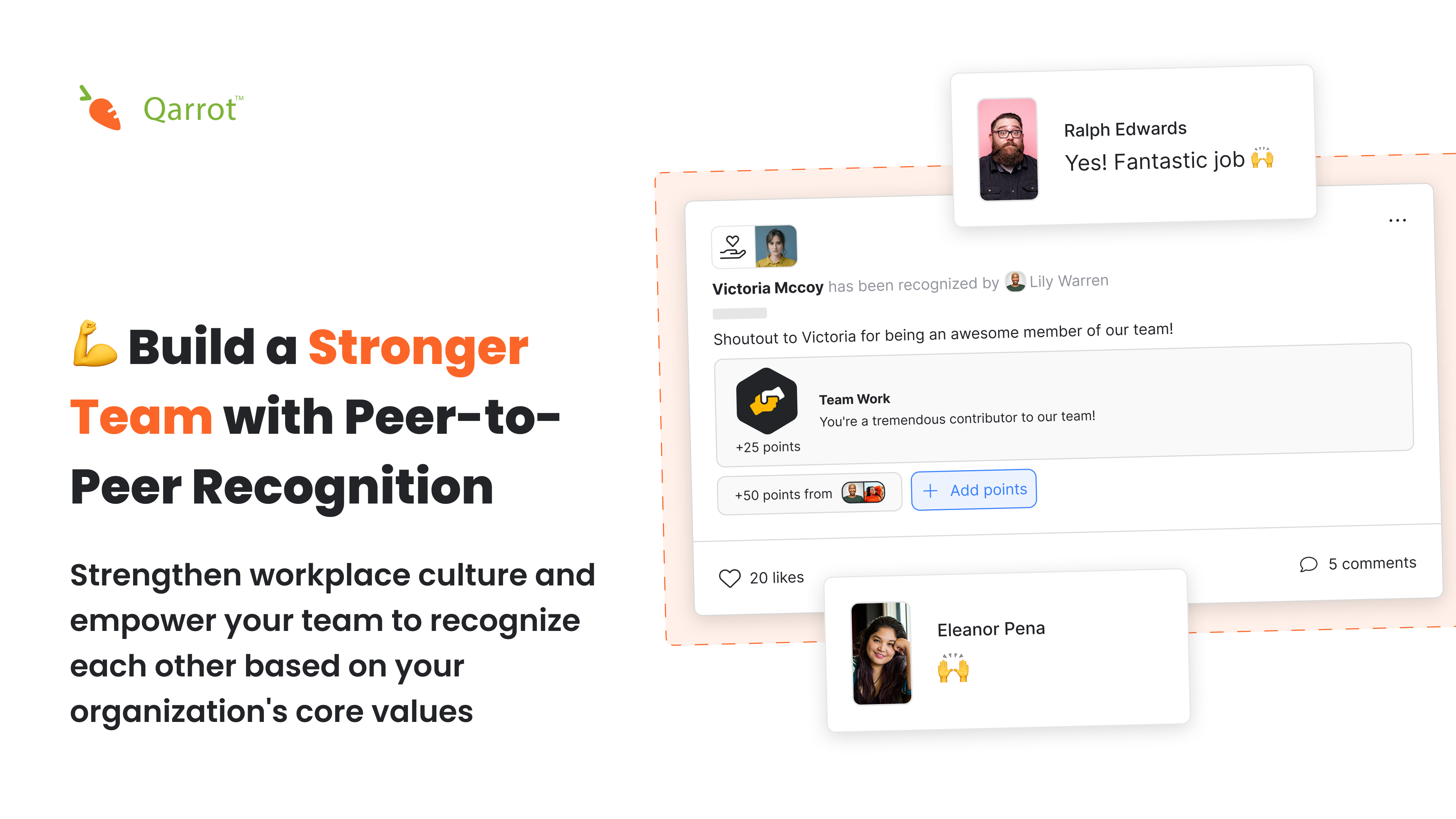 Qarrot screenshot: Enhance company culture and values through impactful peer-to-peer recognition.