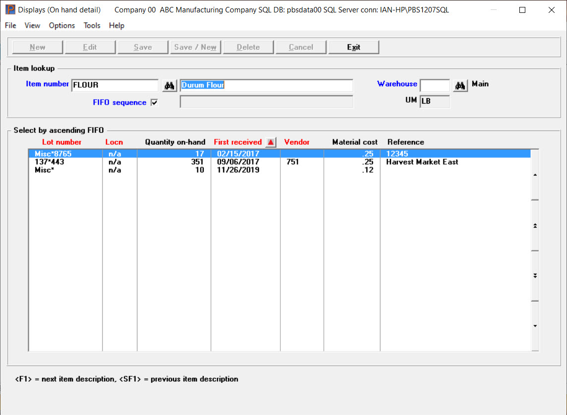 PBS Manufacturing ERP screenshot: PBS Manufacturing ERP item lookup