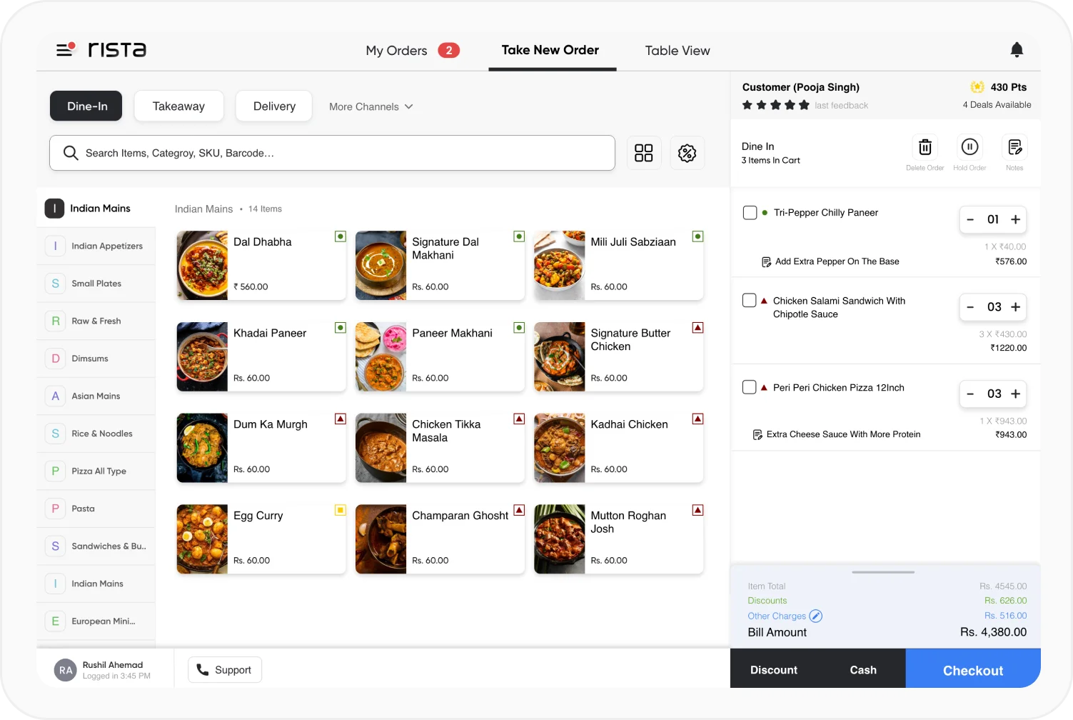 Rista screenshot: Rista Restaurant POS Dine-in Order taking screen