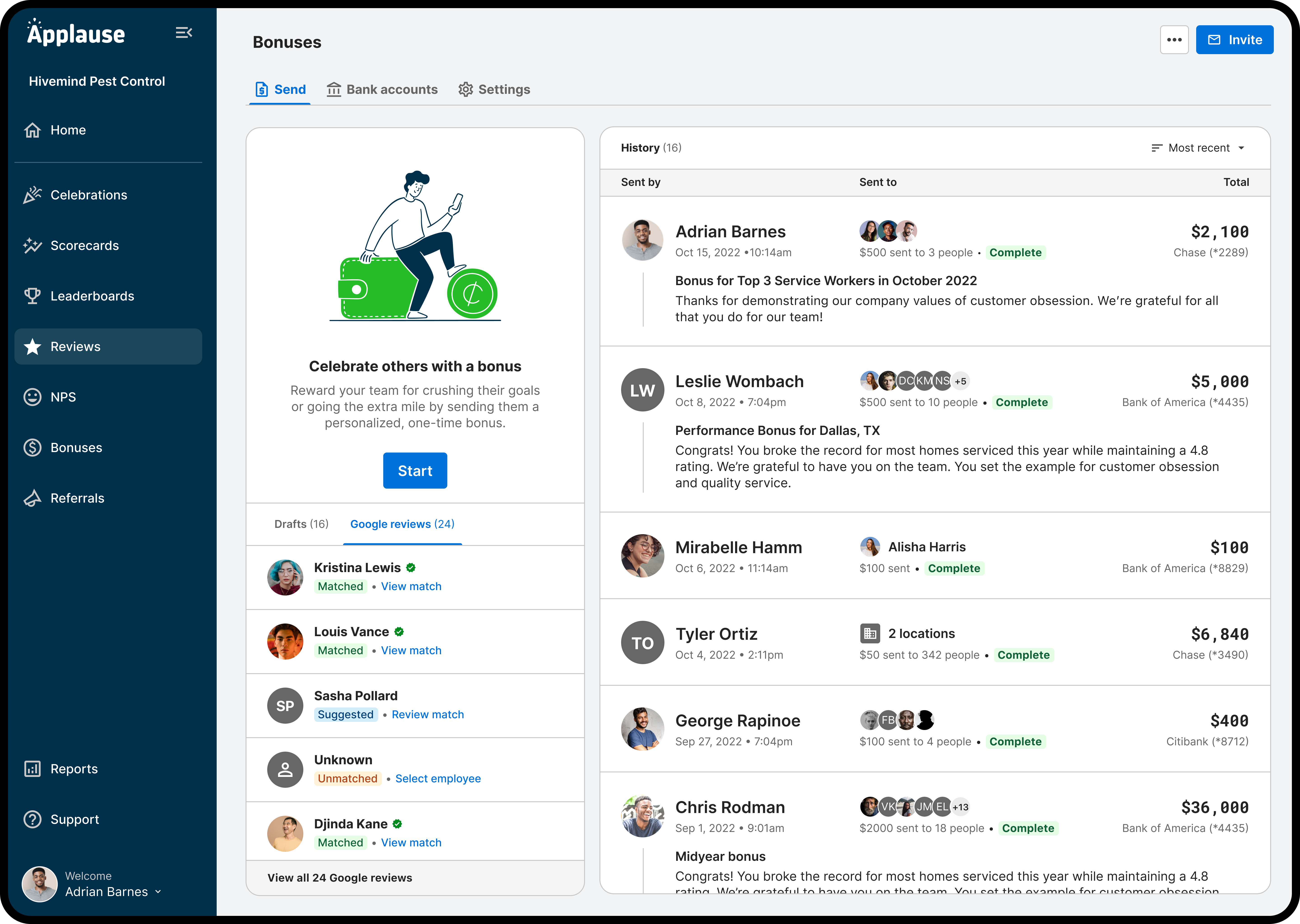 Applause screenshot: Applause Bonusing: Automatically match and reward employees with performance‑based bonuses in real‑time when key targets are hit.