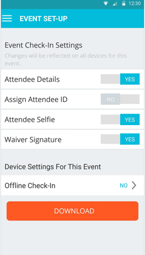 Events.com event check-in settings screenshot