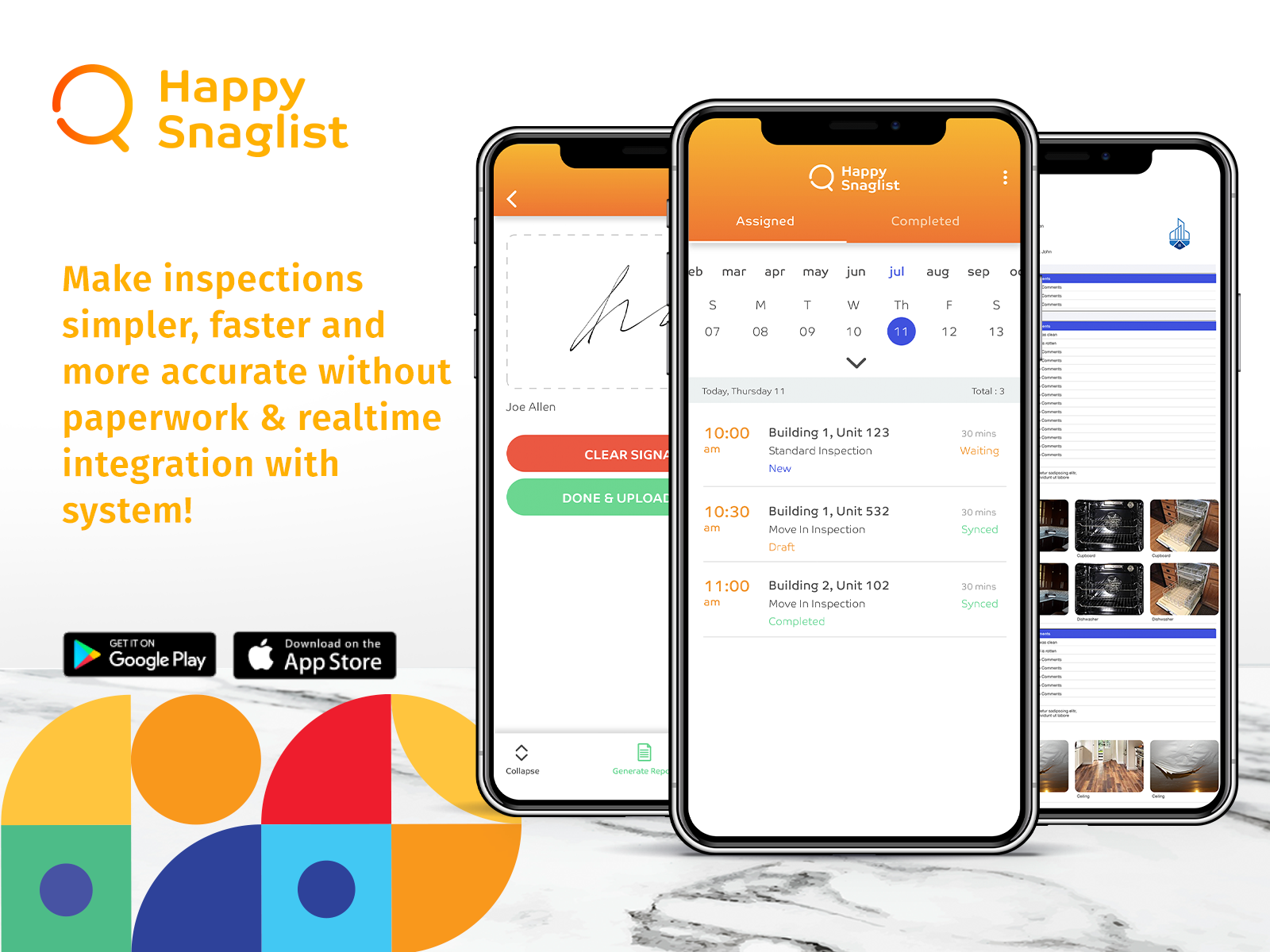 HappySnaglist - mobile app for inspections that allows your inspections team to work in a paperless environment with end-to-end, and complete integration with the core system for realtime and transparent reporting.