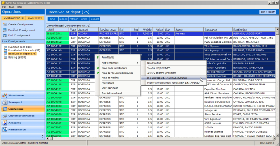 AIMS Express screenshot: Adding jobs to manifests is simplified by the auto-routing of consignments to manifests either automatically via a configurable agent, or manually