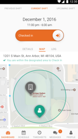 Mobile users can be checked in remotely by simply entering a specific zone shown on the app's dashboard map