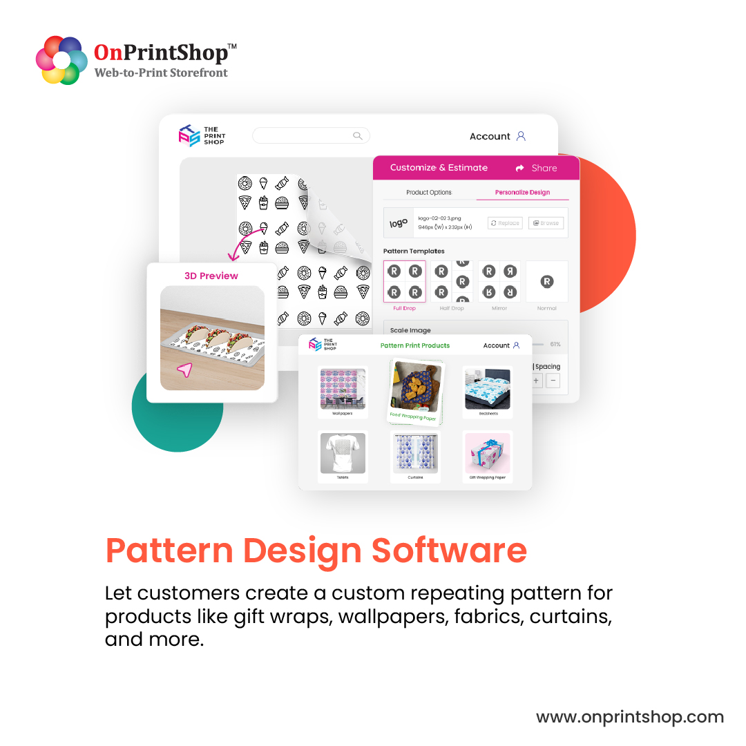 OnPrintShop Software - Pattern Design Software for Simple, Repeat, Print Ready Patterns. Let your print buyers select or upload an image to create a custom repeating pattern design for products like gift wraps, wallpapers, fabrics, curtains, and more.