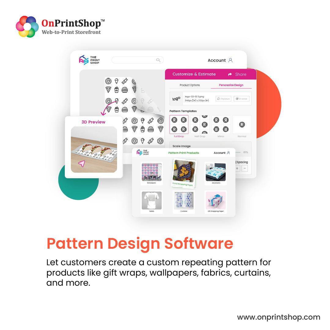 OnPrintShop Software - Pattern Design Software for Simple, Repeat, Print Ready Patterns. Let your print buyers select or upload an image to create a custom repeating pattern design for products like gift wraps, wallpapers, fabrics, curtains, and more.