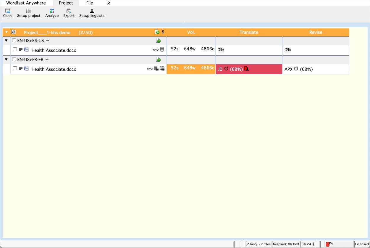 Wordfast Anywhere screenshot: Wordfast Anywhere project dashboard