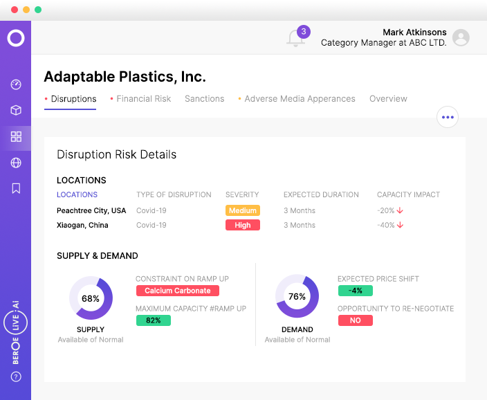 Beroe LiVE.Ai Software - Supplier Risk & Monitoring - Determine the impact of event-led disruption (from covid-19 to hurricanes) on your supply chain. Get visibility into your supplier’s compliance credentials covering financial, ethical, and environmental certifications.