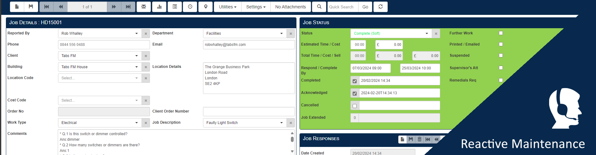 Tabs CAFM Software - Tabs CAFM reactive maintenance