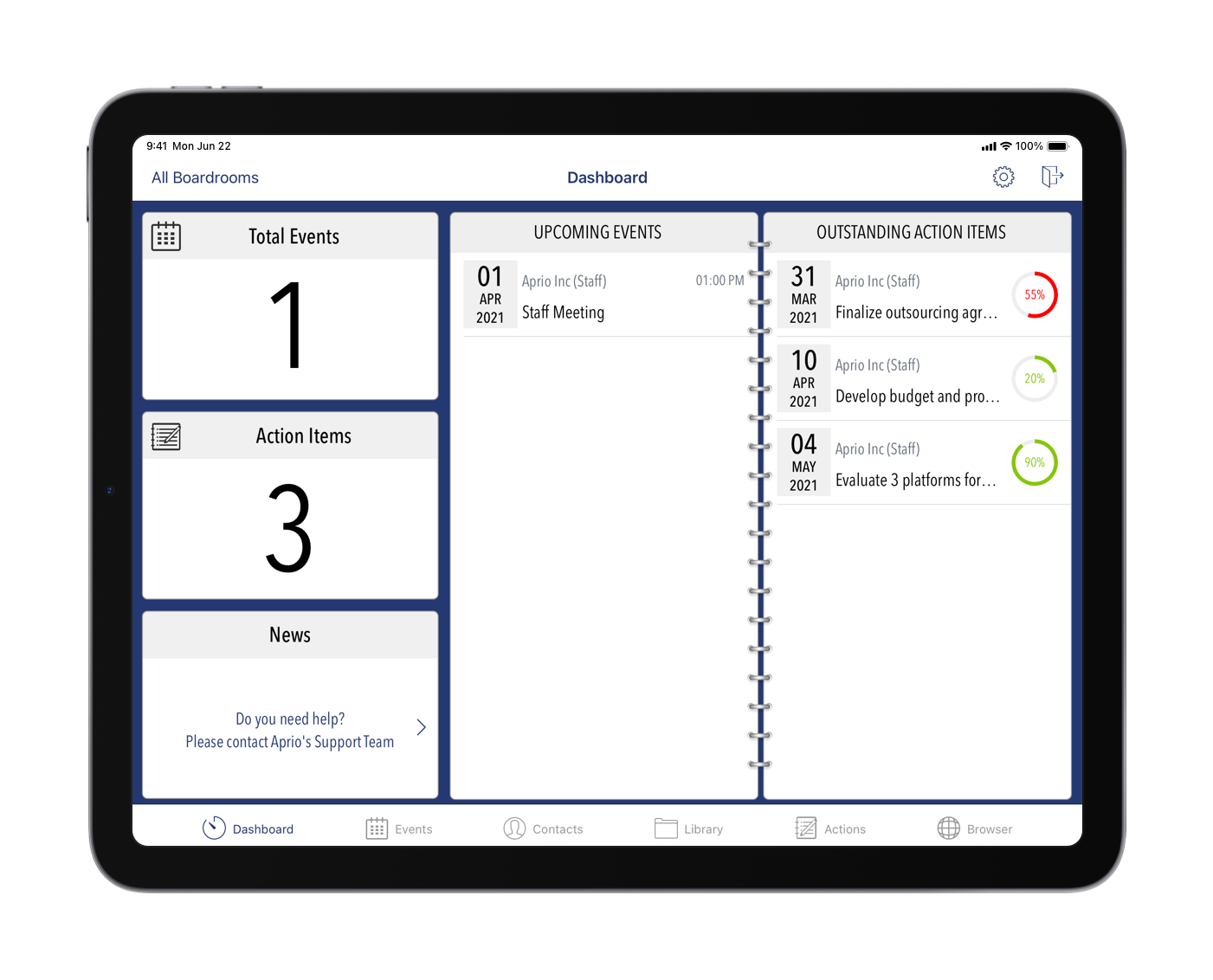 The dashboard gives you quick access to your board materials and upcoming meetings, important announcements from your organizations, or outstanding tasks that need to be completed.