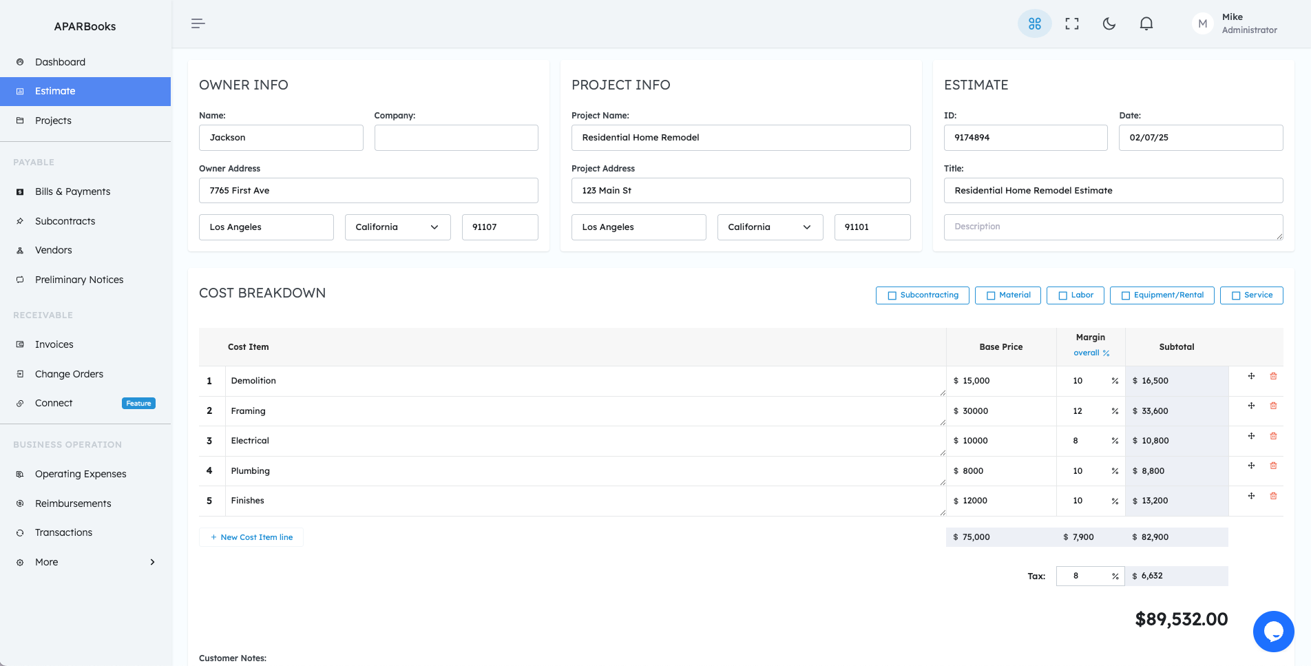 APARBooks screenshot: Estimate