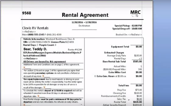 RV Rental Manager eXpress Software - Rental agreements can be generated through the software