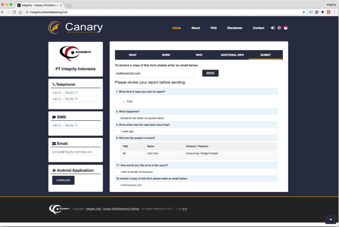 Canary Whistleblowing System report review