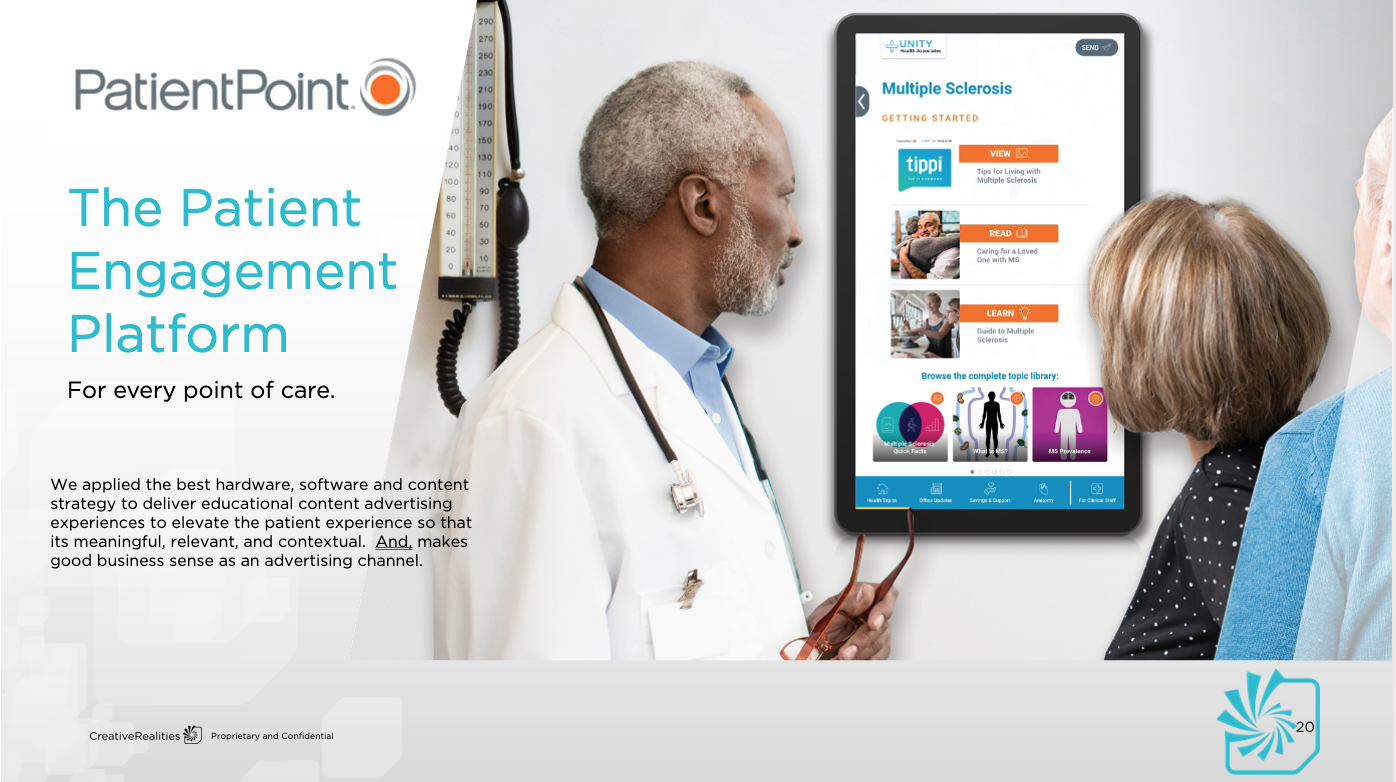 We applied the best hardware, software, and content strategy to deliver educational content advertising experiences to elevate the patient experience so that its meaningful, relevant, and contextual.