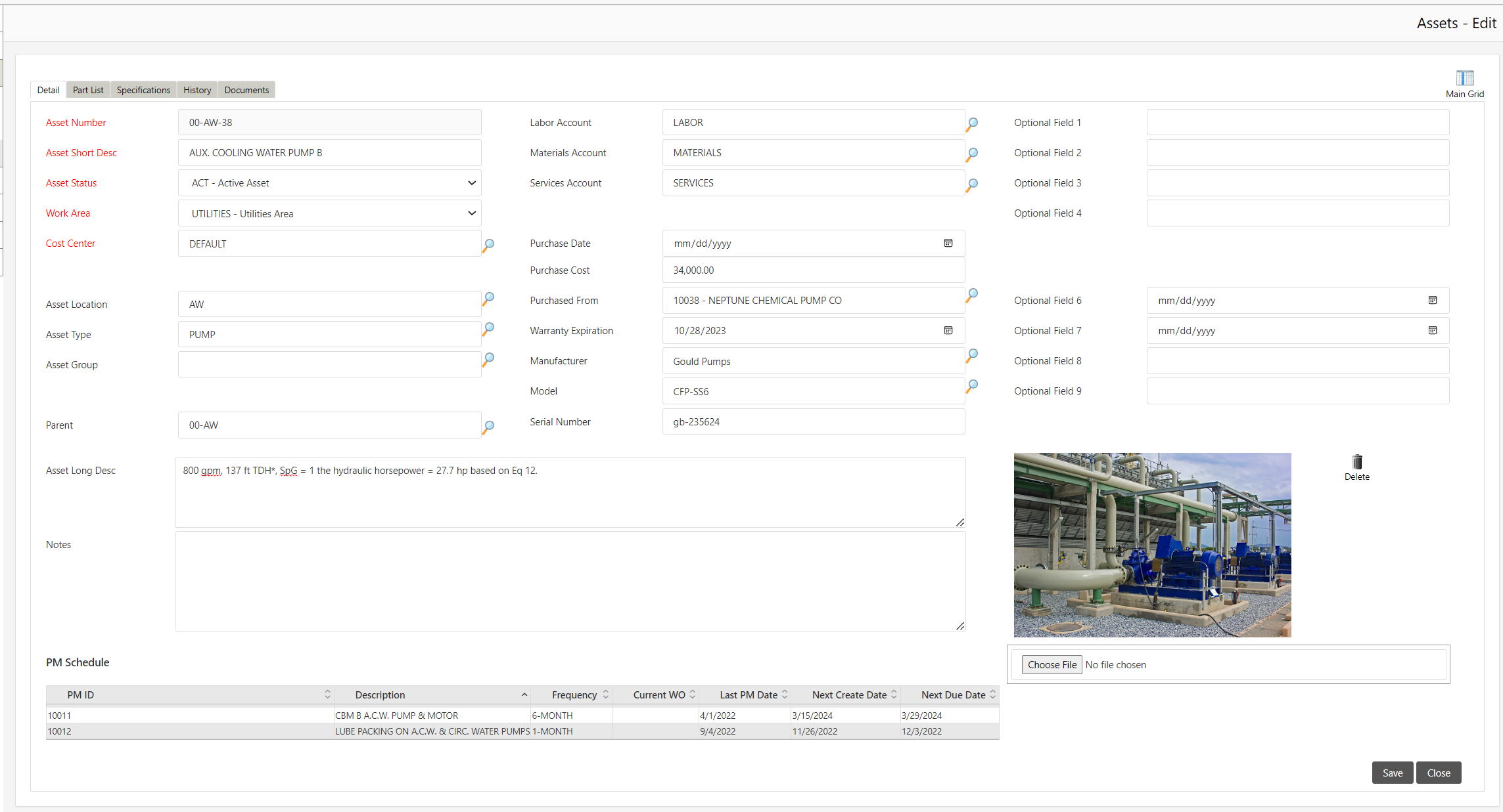 Mainsaver Cloud asset management screenshot. Includes image of asset and preventive maintenance schedule.