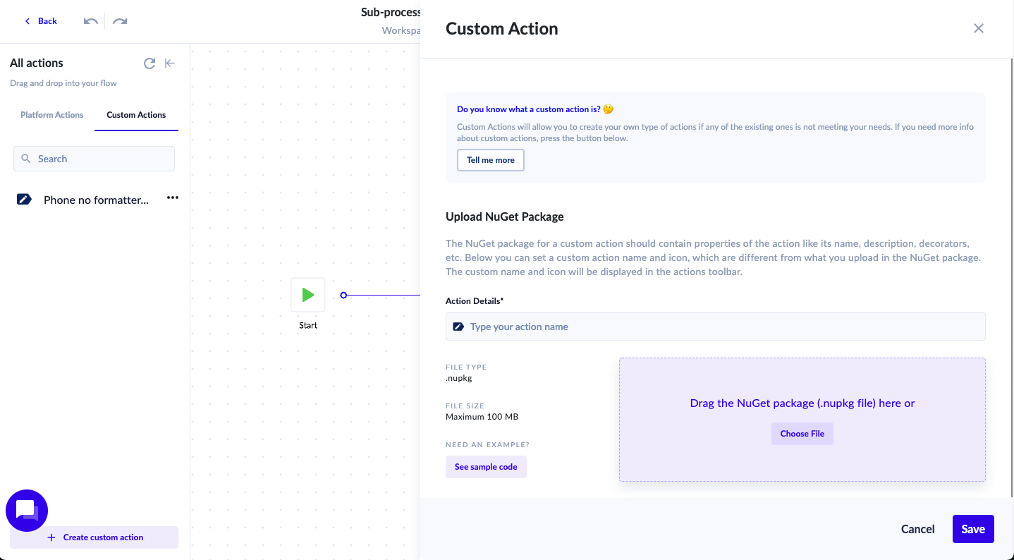 Create a Custom Action when platform actions are not what you need. You can use a Custom Action across all processes. To create Custom Action you need a GitHub account and Visual Studio 2019 or above.