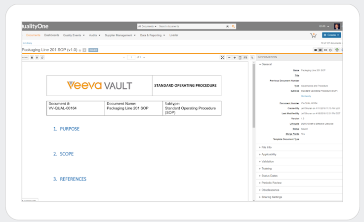 Veeva QualityOne EQMS screenshot: QualityOne: Document Control