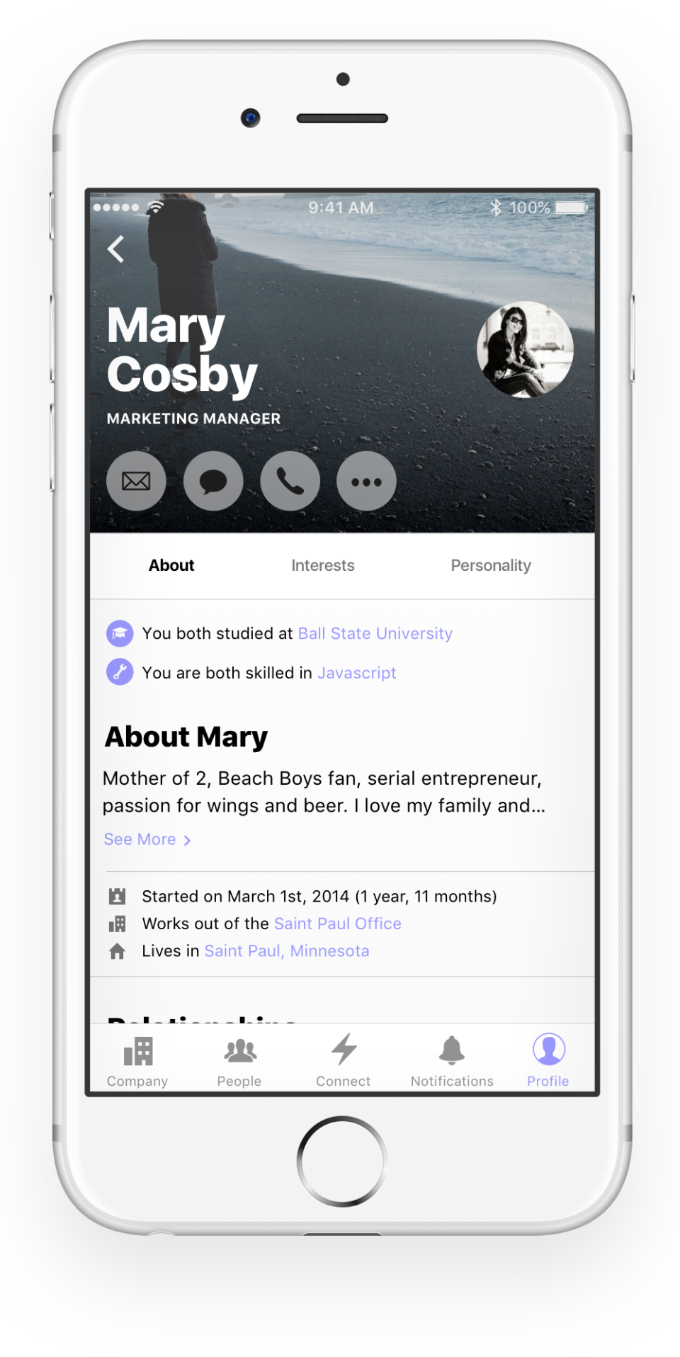 Structural screenshot: The Profile tab provides quick access to detailed employee profiles built from existing internal data, giving general overviews, interest lists and insight into personality traits etc