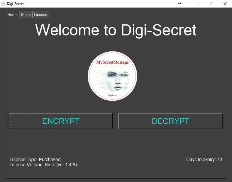 DigiSecret screenshot: Select Encrypt if you want to encrypt and hide a confidential file.