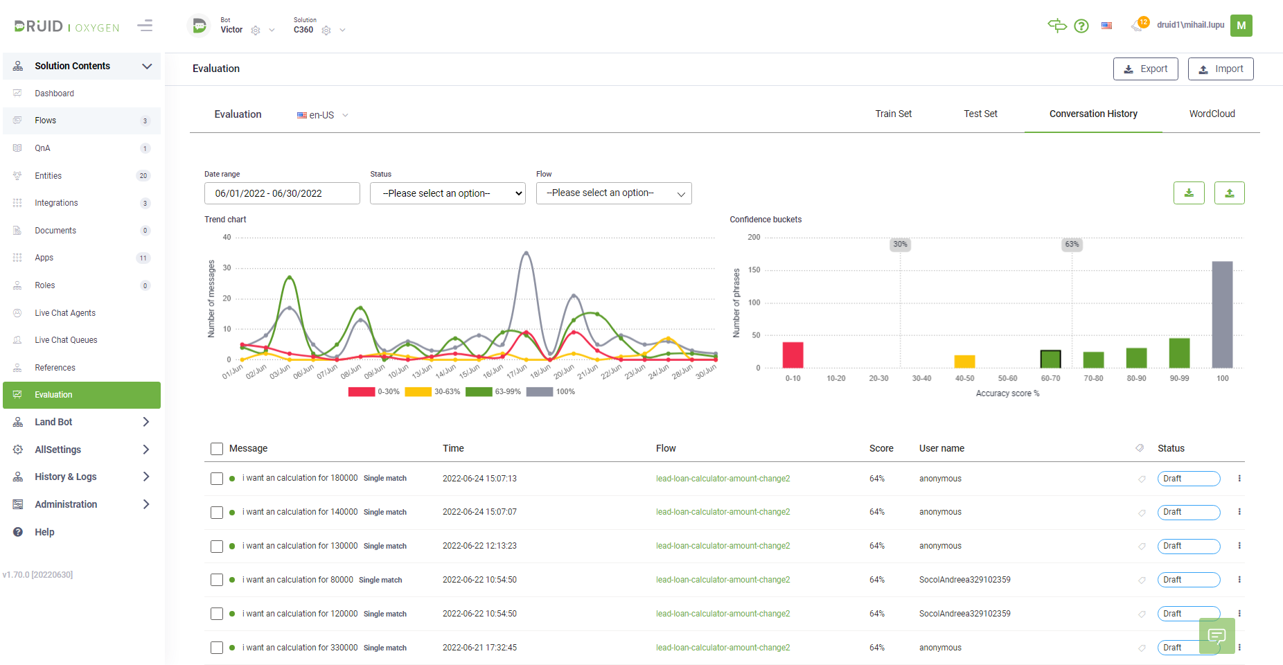 DRUID Software - Evaluation Tool helps bot authors leverage the NLU model of their bots based on real conversations with the users.