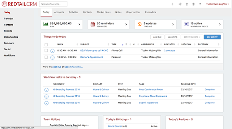 Redtail CRM screenshot: The dashboard gives users an overview of their daily tasks and reminders