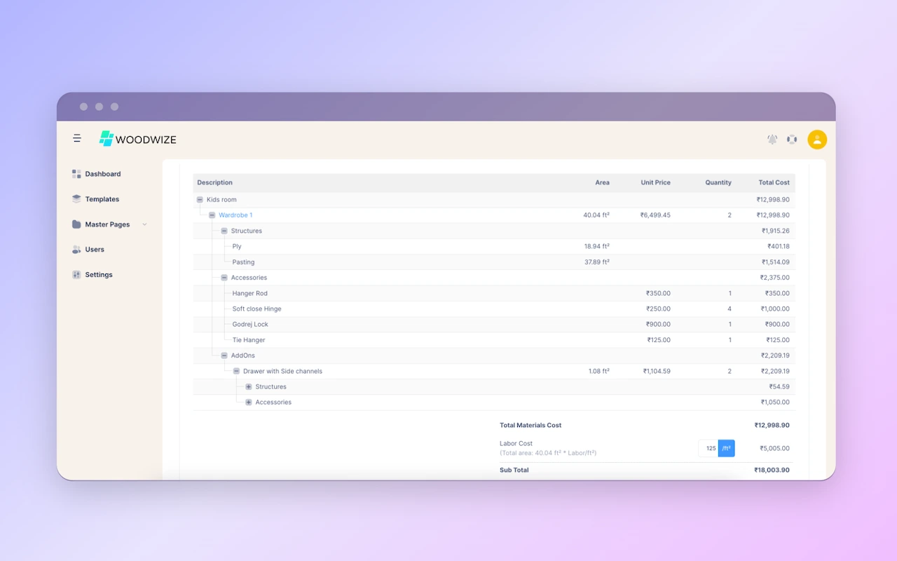 Woodwize screenshot: Costing Module
