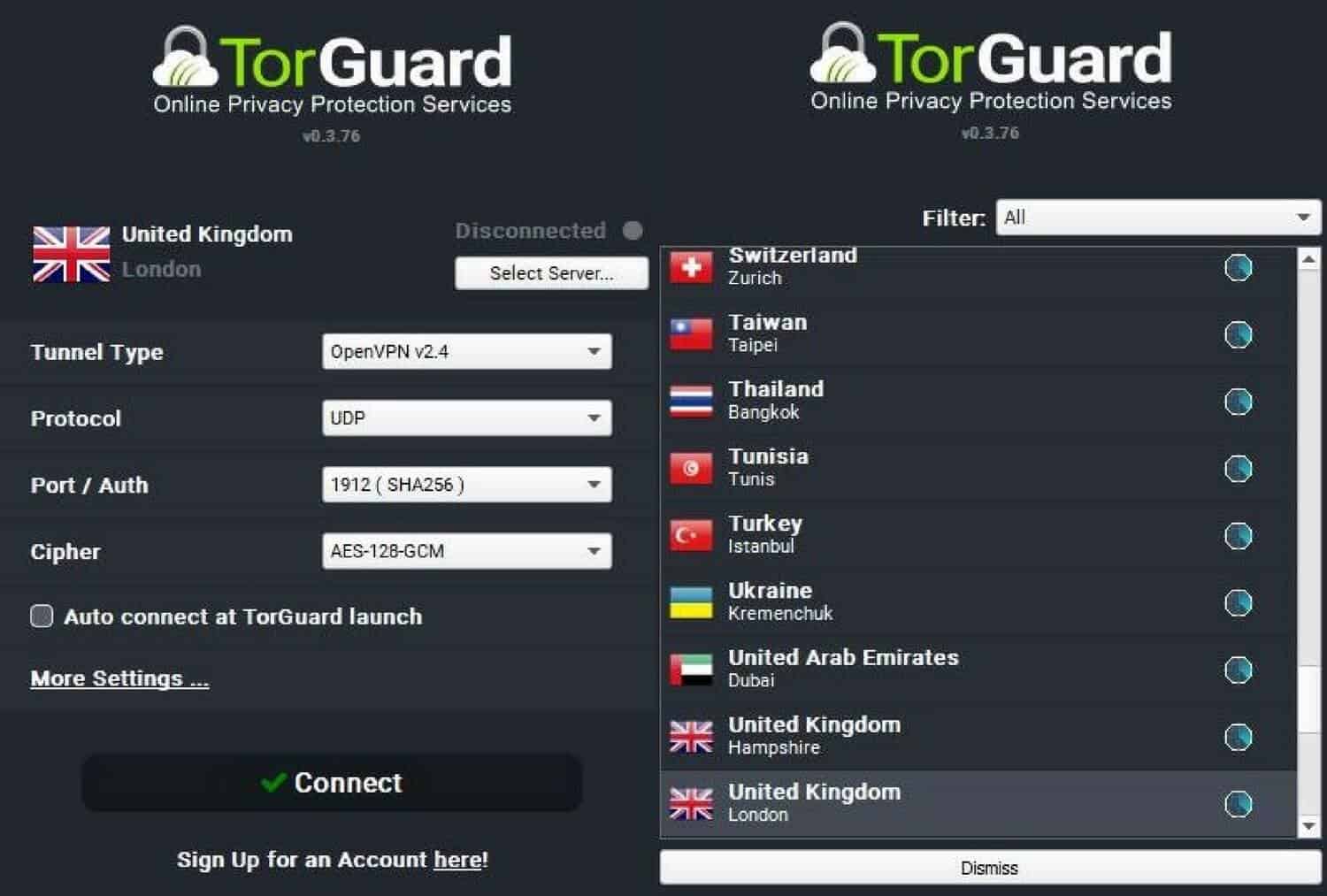 TorGuard VPN Service dashboard