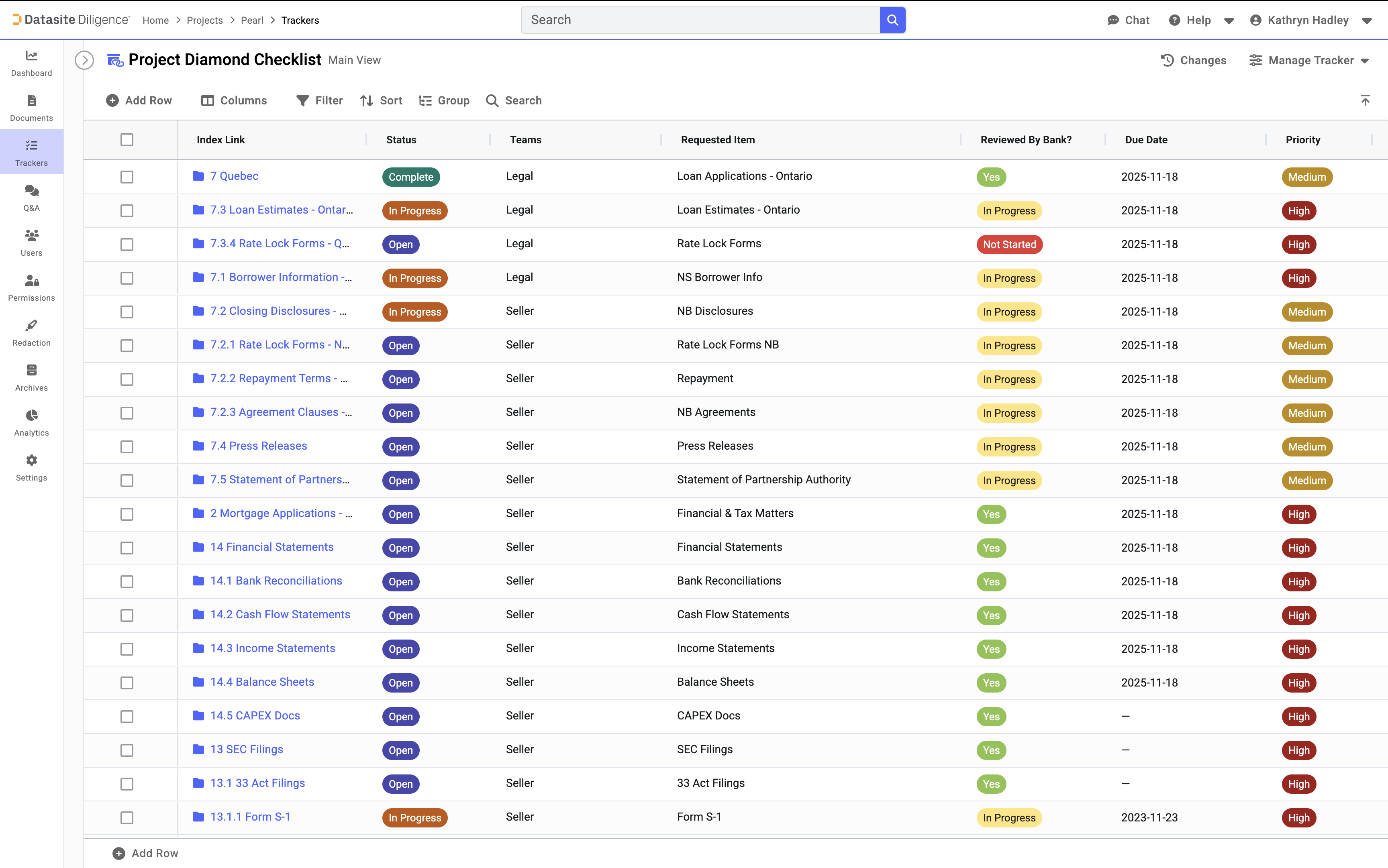 Datasite Diligence Virtual Data Room Software - Trackers - Consolidate your Excel checklists