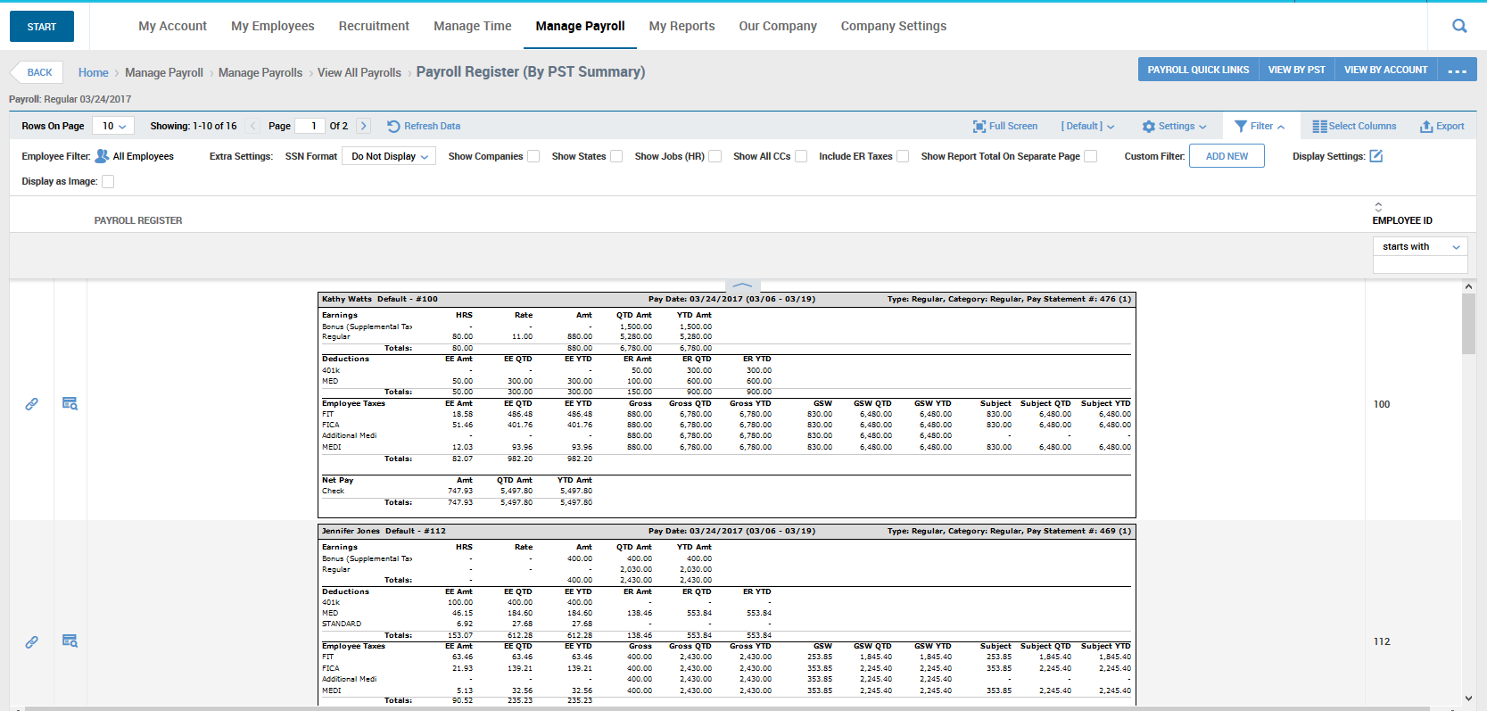 Inova Payroll Software - Payroll register