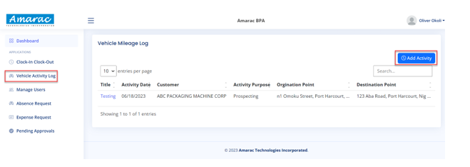 AVAL screenshot: AVAL vehicle activity log
