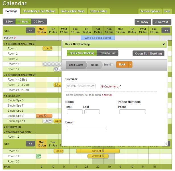 iBex PMS Software - A 'Quick New Booking' tab makes adding simple bookings faster with customer search field along with those for entering name, phone numbers and email address contacts