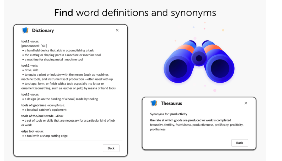 Everyday Toolkit for Slack - find word definitions and synonyms.
