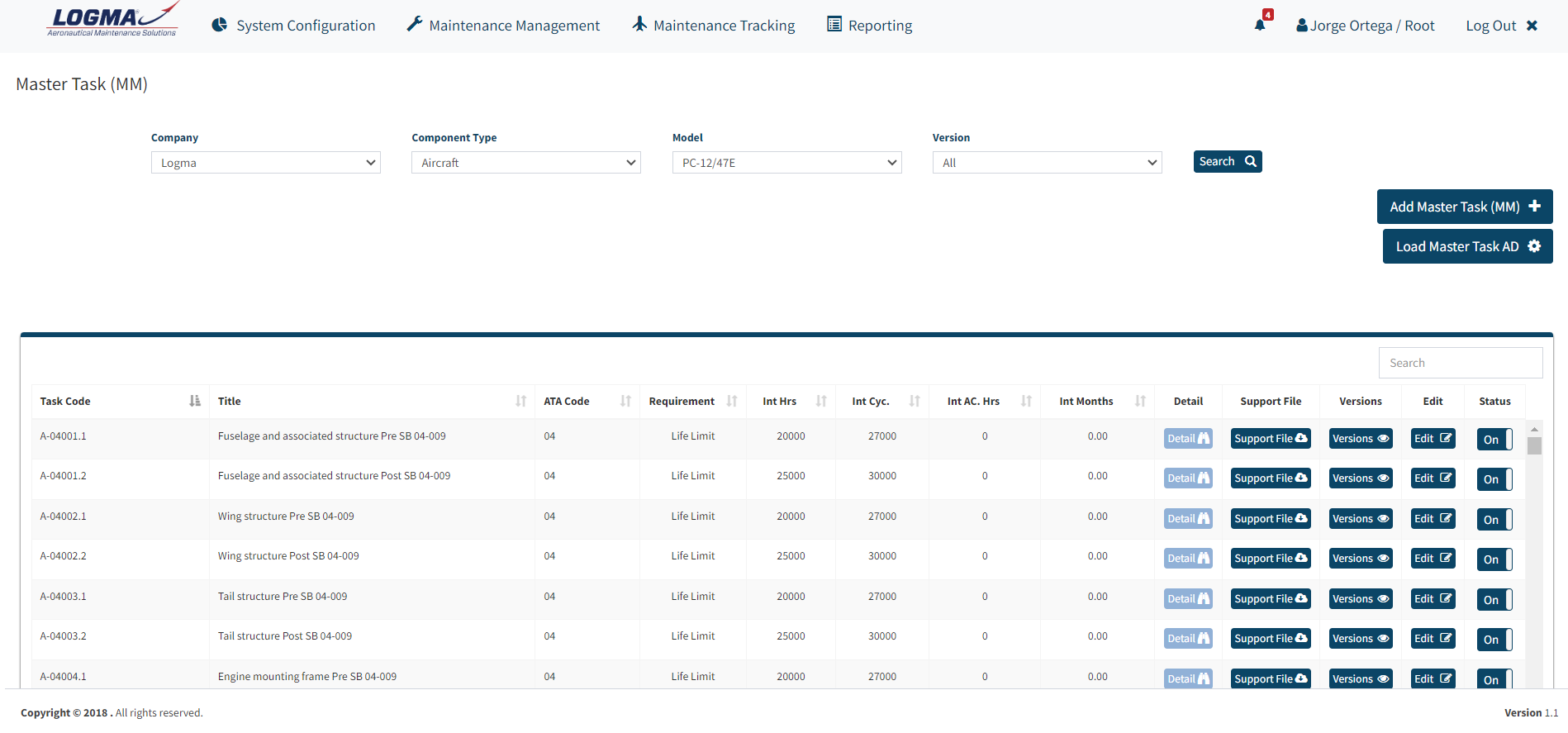 LOGMA screenshot: LOGMA maintenance task cards