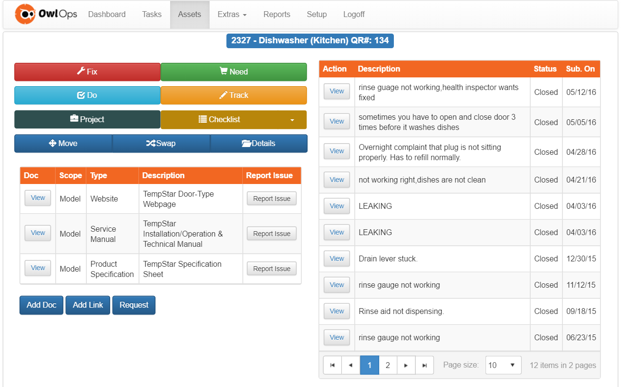 Owl Ops Software - Attached documents and task histories for individual assets can be viewed in Owl Ops