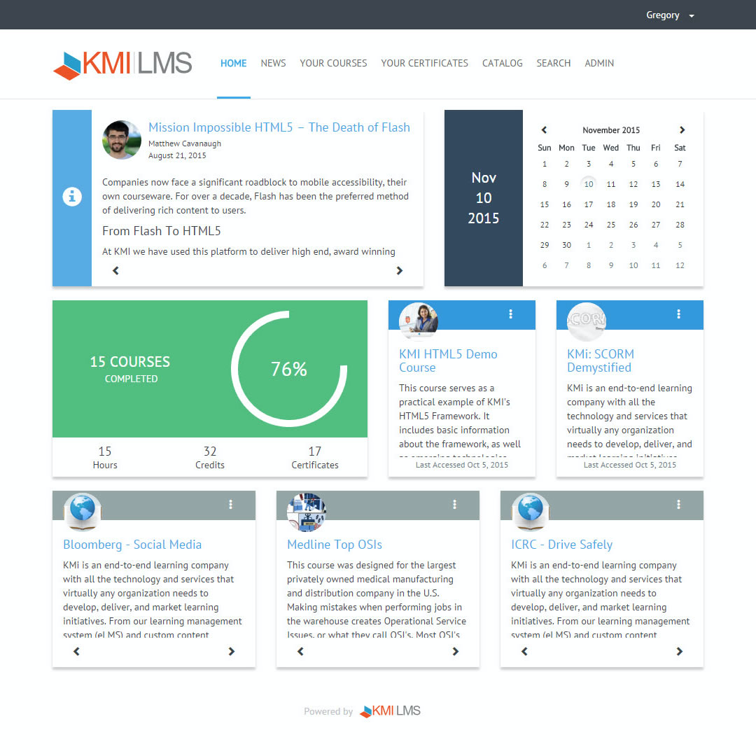 KMI LMS screenshot: KMI LMS's dashboard gives users an overview of news, progress, courses, and more