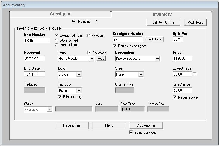 ConsignPro Inventory Screen