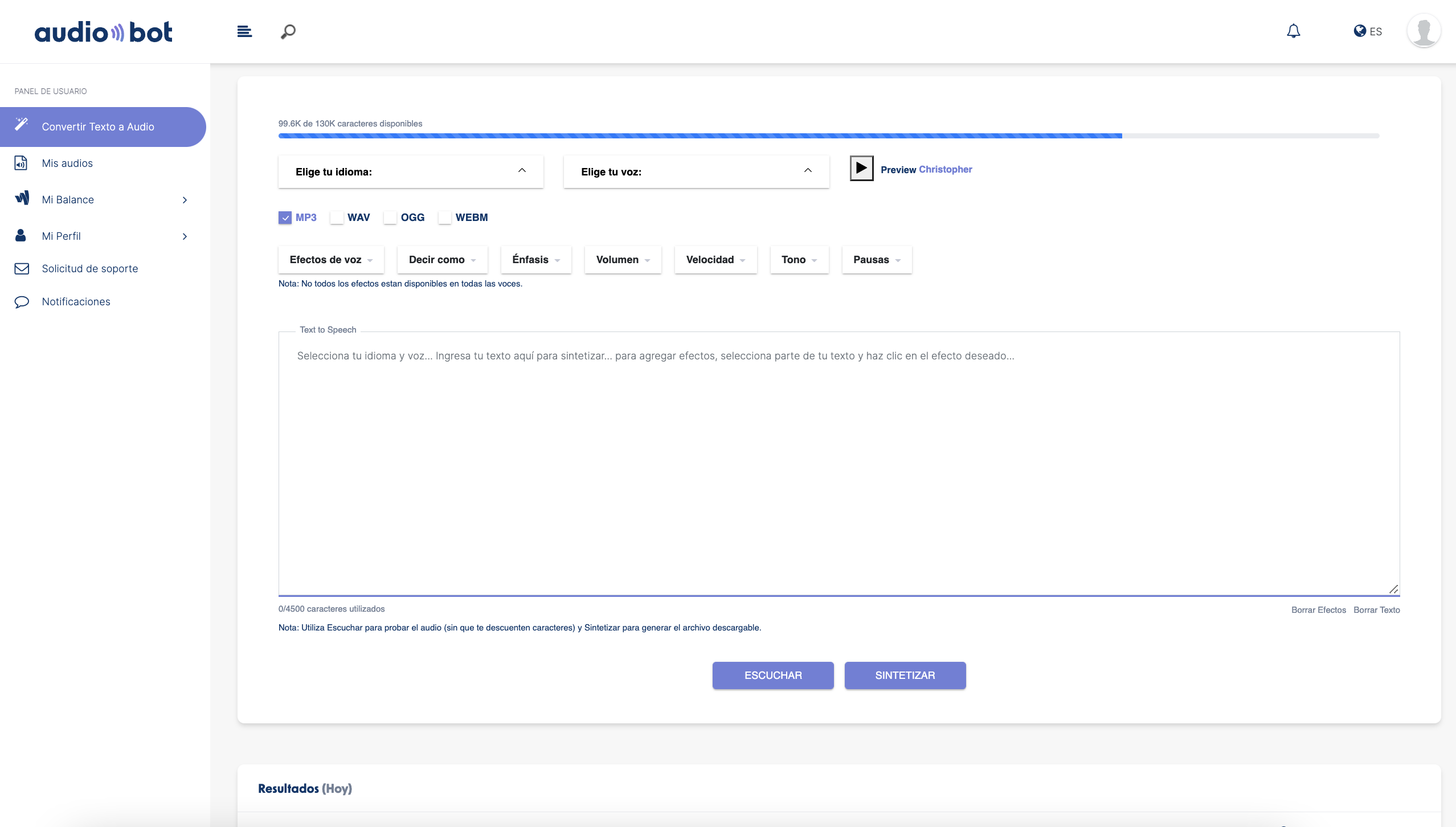 AudioBot screenshot: AudioBot convert text to audio
